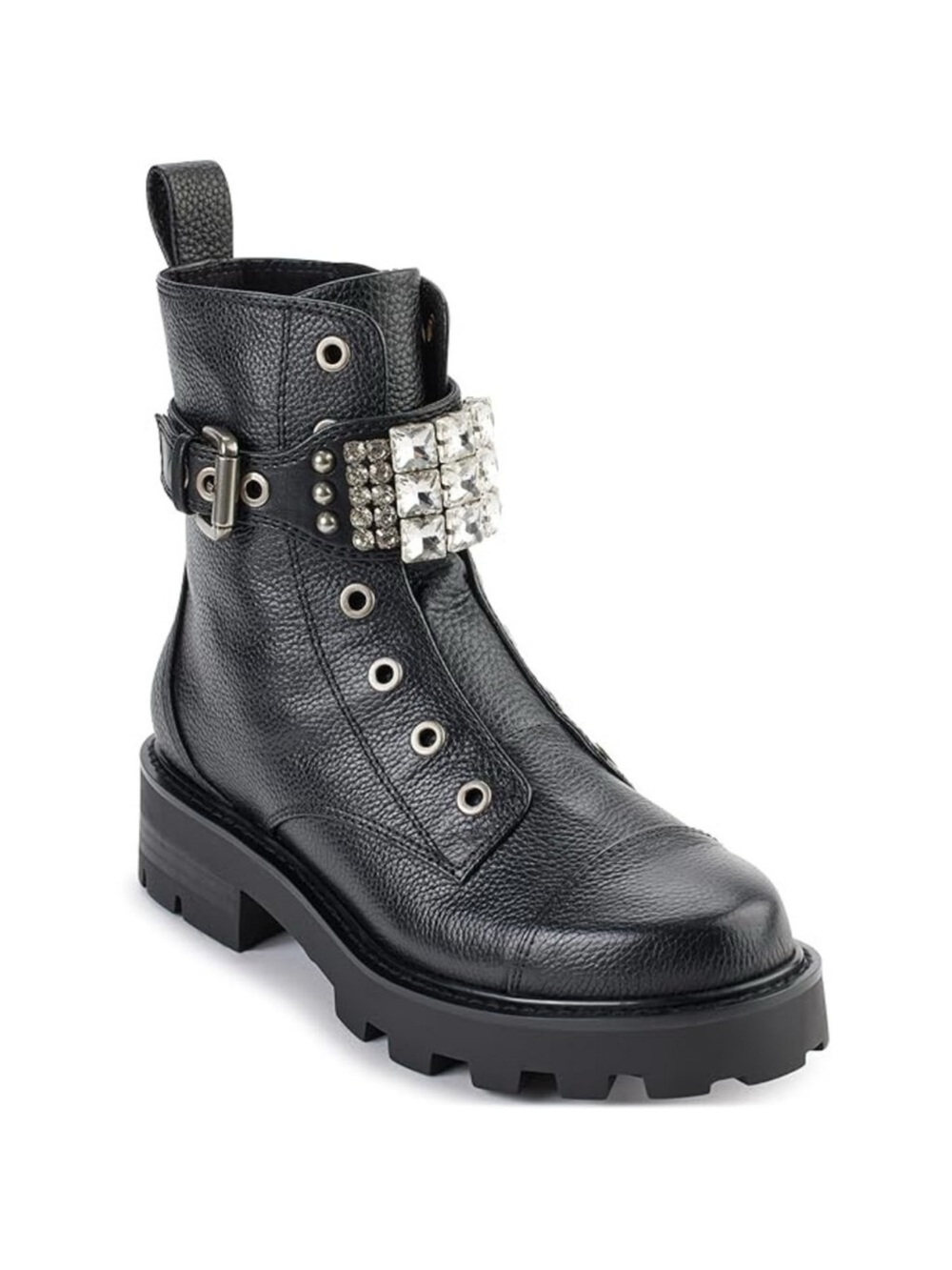 Karl Lagerfeld Black Leather Crystal-Strap Lug Sole Combat Boot